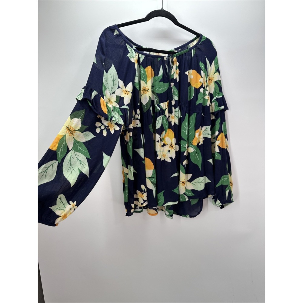 Old Navy Orange Blossom Floral Swing Blouse Navy Blue Ruffle Sleeve XL